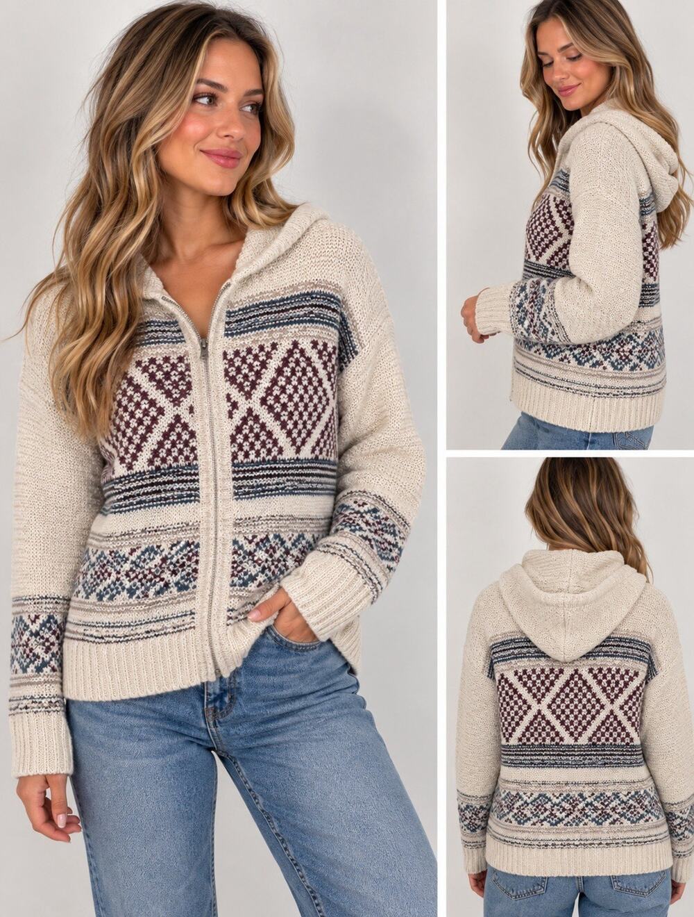 Hollister 2010 Fair Isle Hooded Cardigan Sweater Women’s Knit Y2K Nordic Large